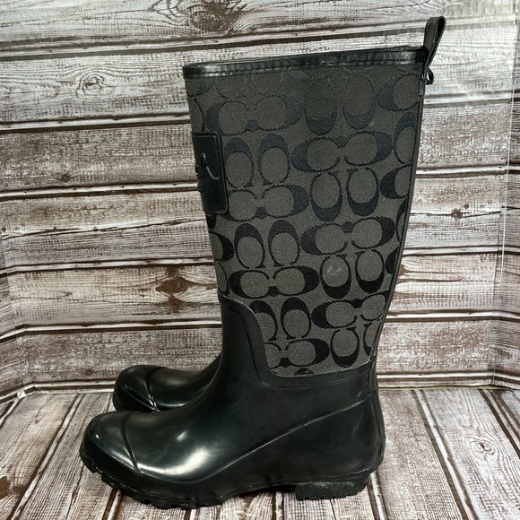 COACH Pearl Rain Boots Womens 6B 6 Black Signature Logo Monogram Rubber Boots - Picture 1 of 7